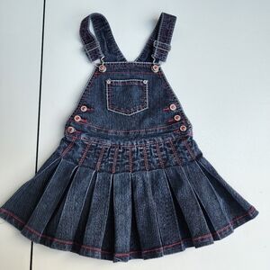Blue and Red Denim Overalls with Flared Skirt and Adjustable Straps